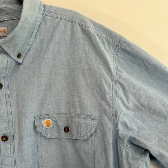 Carhartt 100% Cotton Long Sleeved Button Down Blue Chambray Shirt, size 3XL - Picture 4 of 9